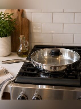 Wolfgang Puck Stainless Steel Simmer Pan Saute Deep Fry Pan With Lid 12inch